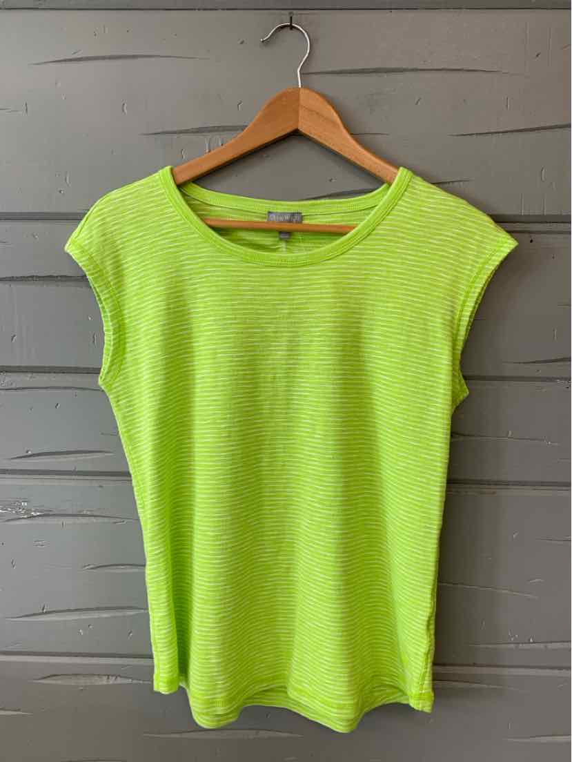 Bright green short-sleeve knit top with round neckline on wooden hanger.