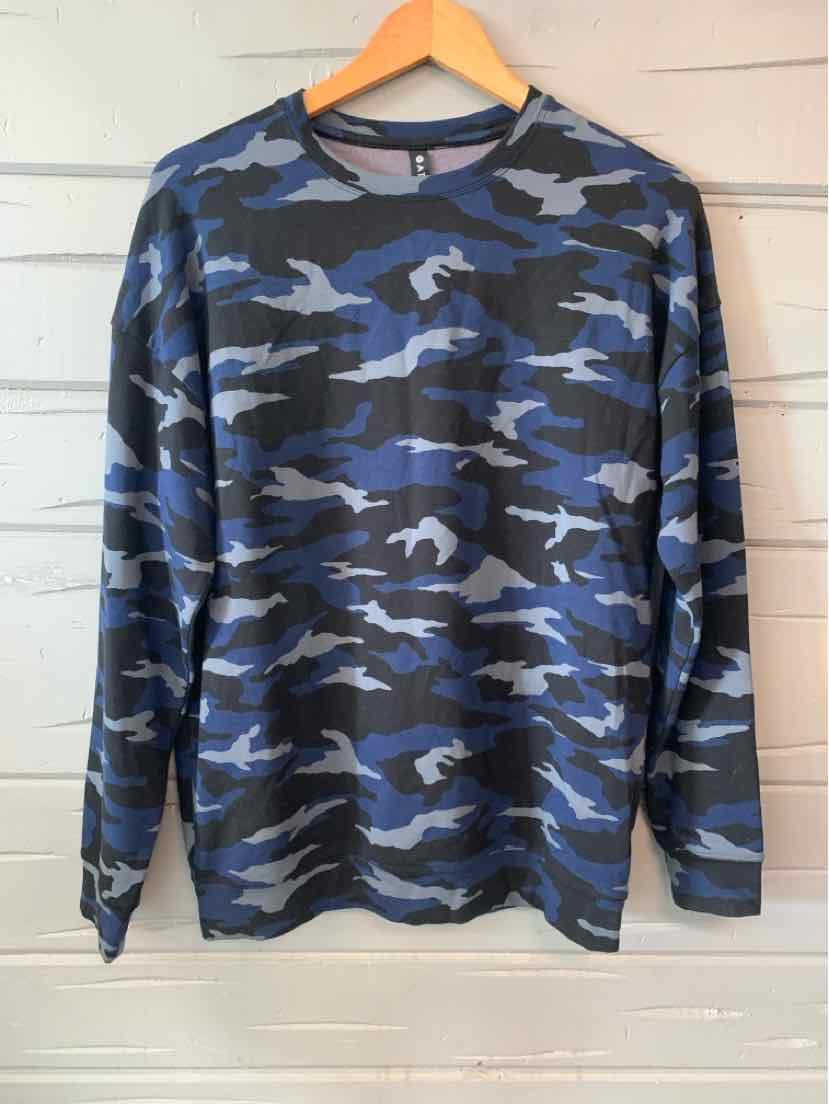 Long-sleeve crewneck shirt in blue and gray camouflage pattern, lightweight fabric, relaxed fit.