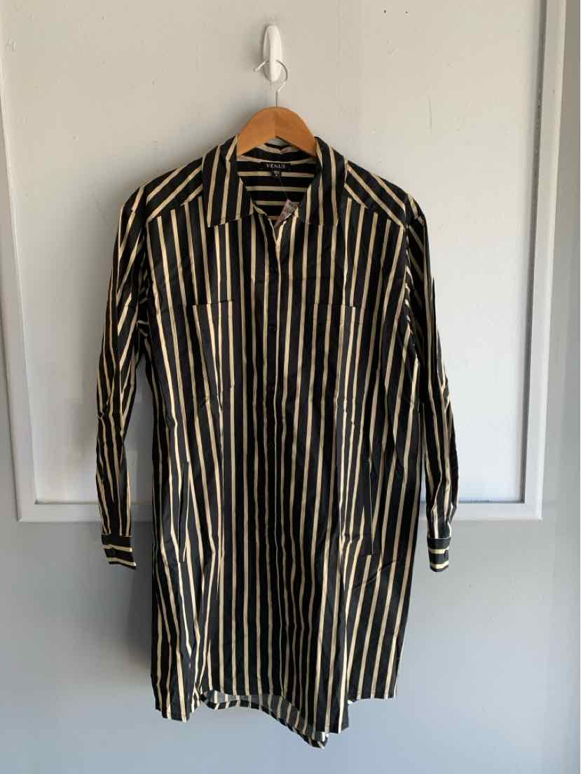 Black and beige vertical striped long-sleeve shirt dress with collar and button front, medium size.