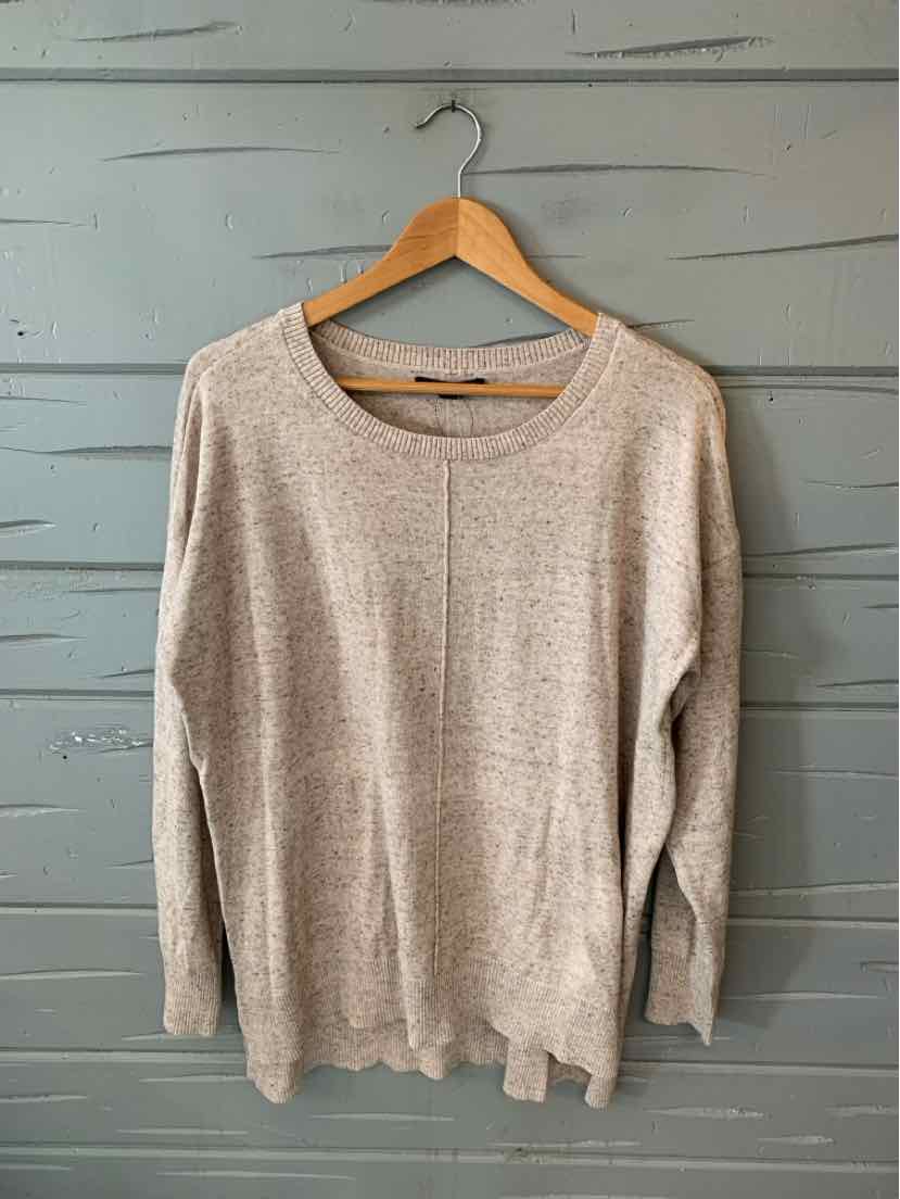 Light gray long-sleeve cotton blend sweater with crew neckline, relaxed fit, size XL.