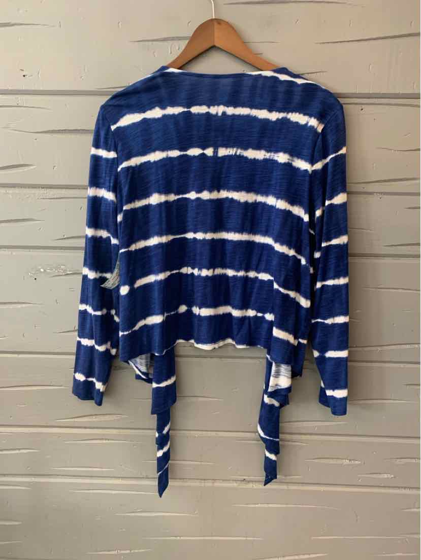 Blue and white tie-dye long sleeve blouse with front tie detail, medium size.