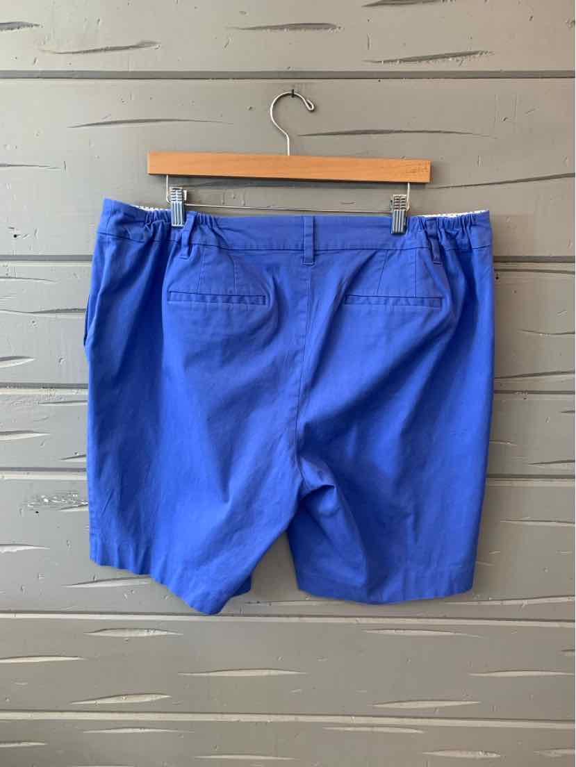 Bright blue casual shorts with back welt pockets and belt loops hanging on wooden hanger.
