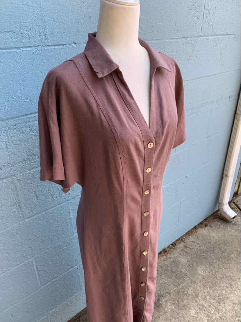 Brown short-sleeve button-down dress with collar and lightweight fabric.