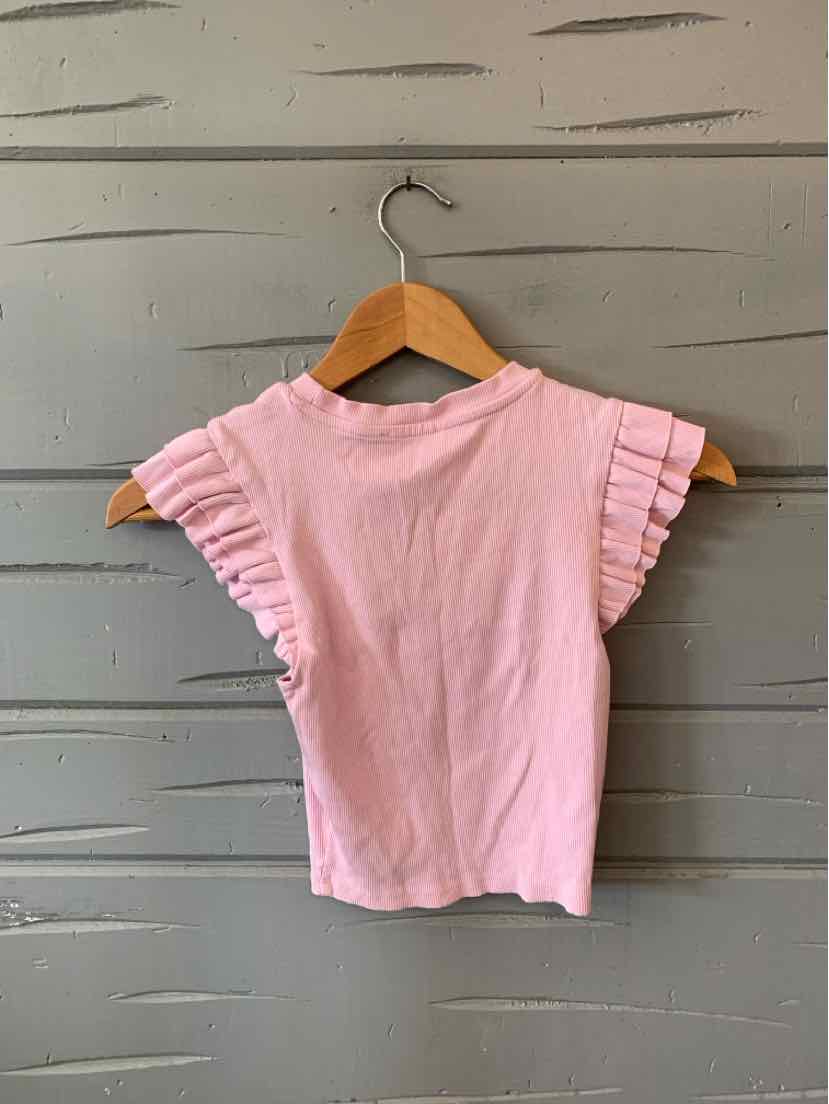 Light pink short-sleeve top with ruffled sleeves and high neckline on wooden hanger.