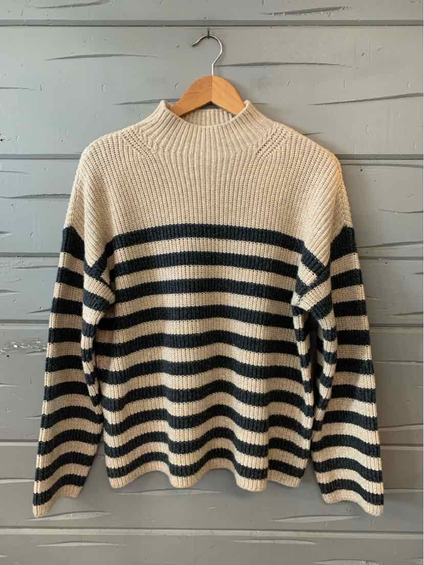 Cream and black striped knit sweater with a mock neck, long sleeves, and a relaxed fit in size XL.