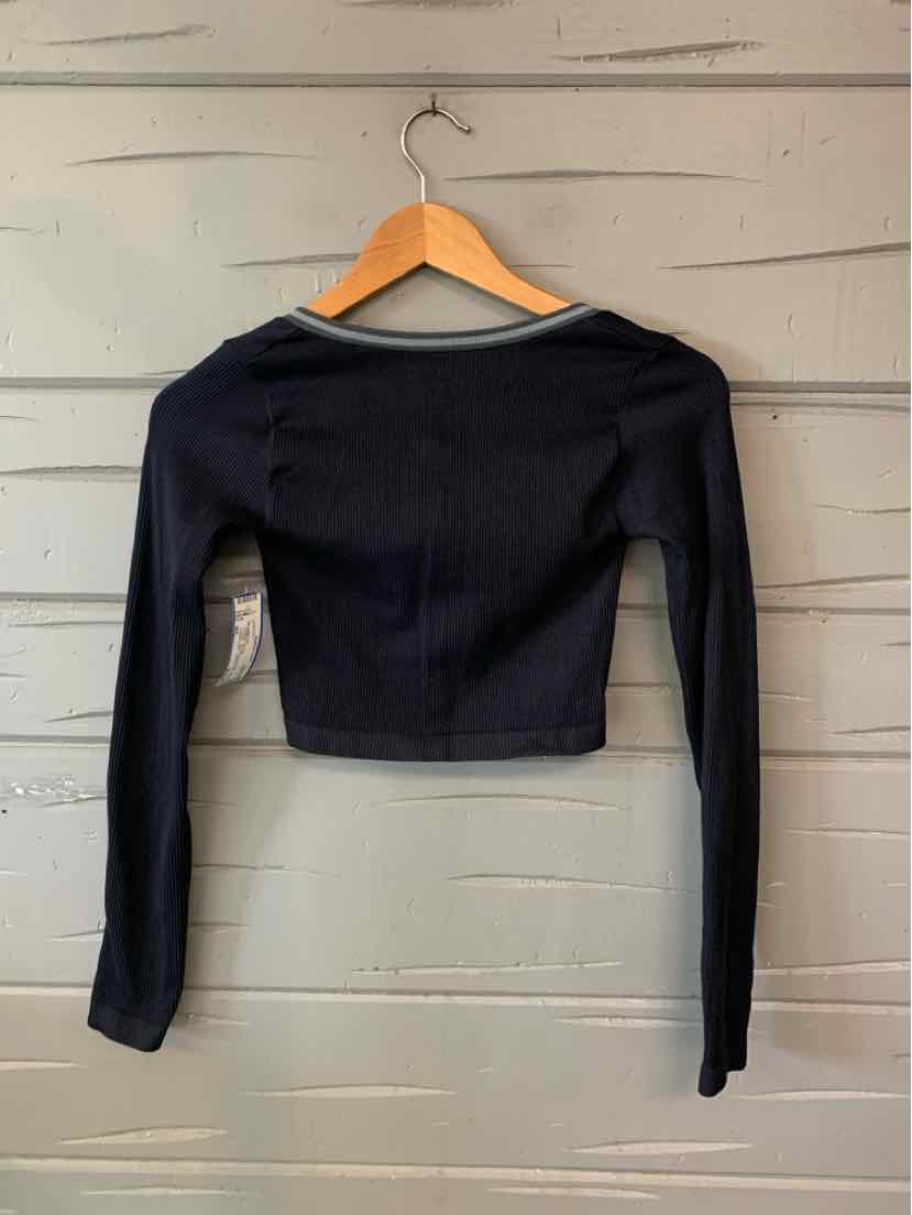 Black long-sleeve cropped top with a wide square neckline and fitted ribbed fabric.
