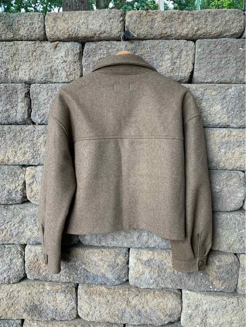 Brown wool blend jacket with wide collar and long sleeves, boxy fit in large size.