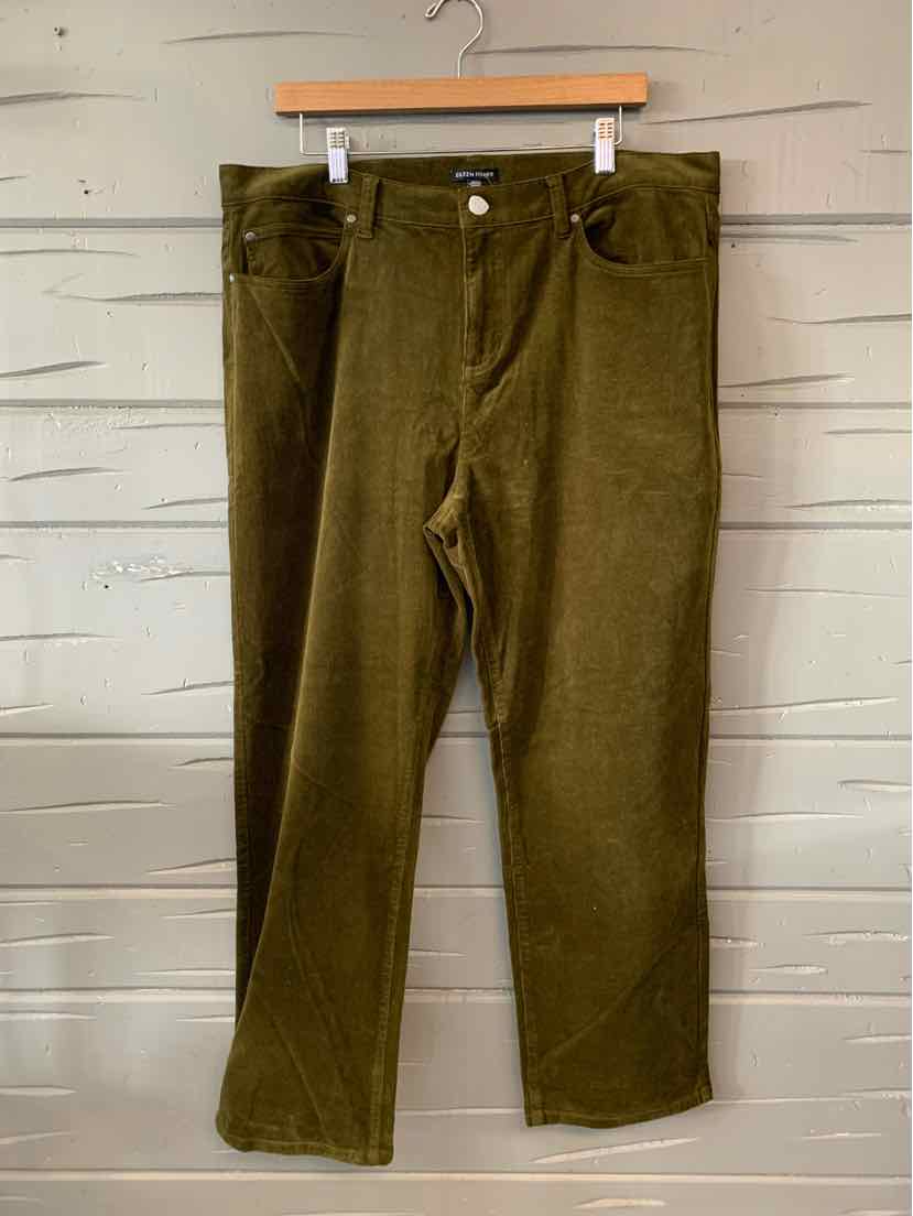 Olive green corduroy pants with button and zipper closure, straight leg, size XL.