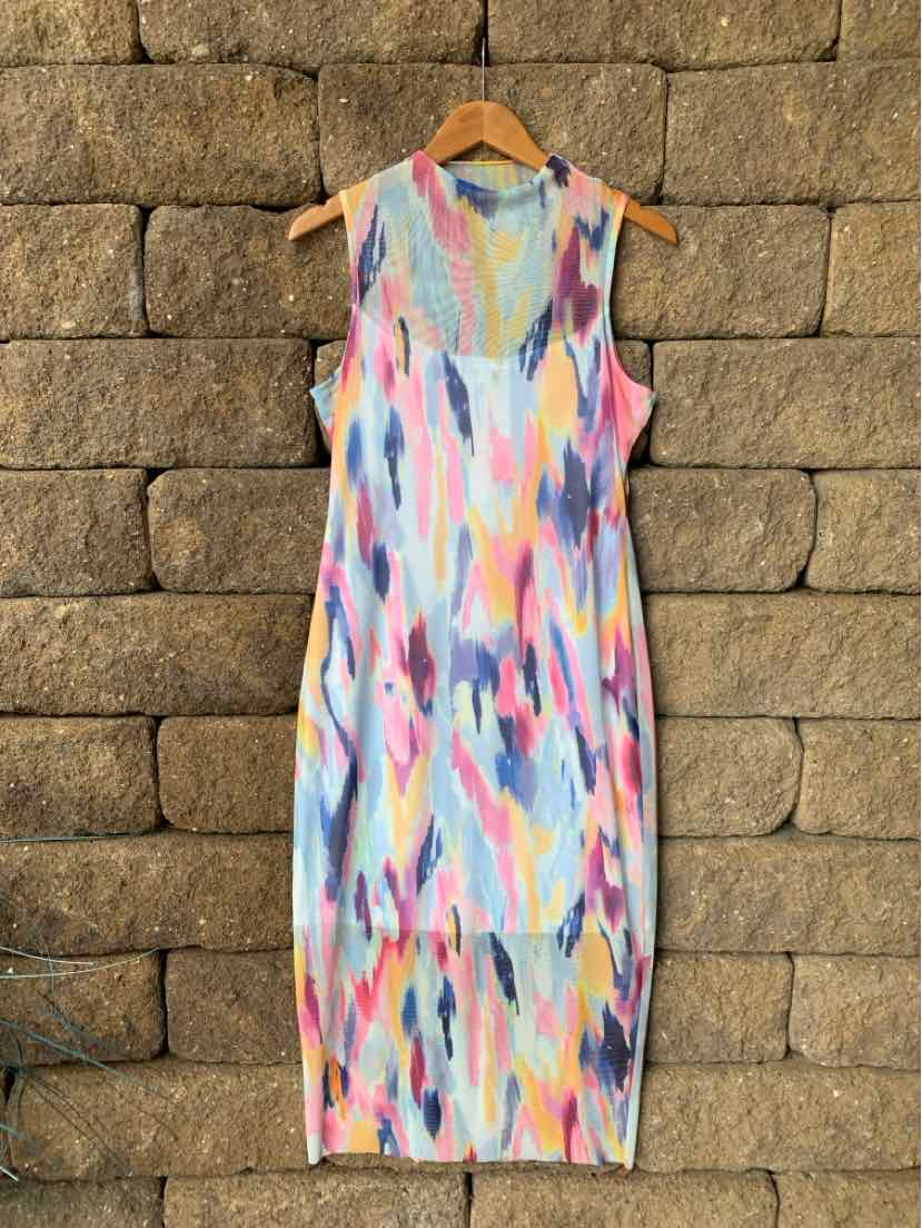 Sleeveless knee-length dress with multicolor abstract brushstroke pattern in light blue, pink, yellow, and white.