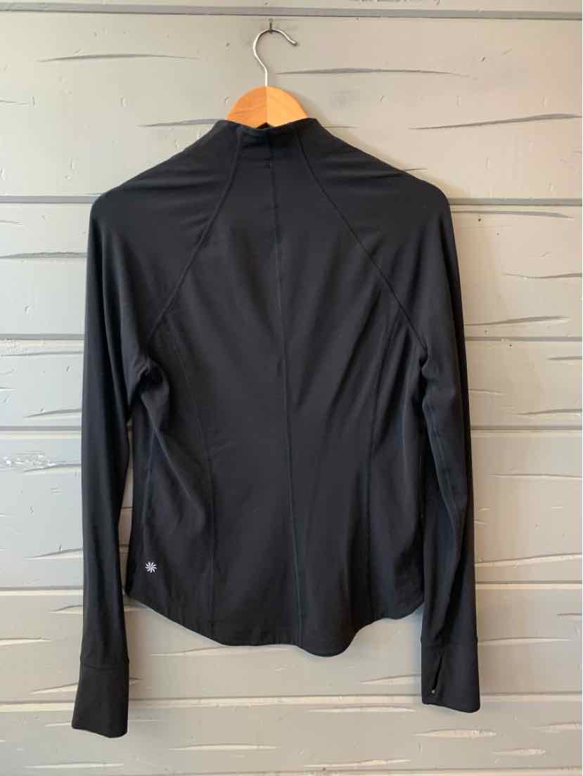 Black long-sleeve athletic jacket with high collar and fitted waist, lightweight fabric.