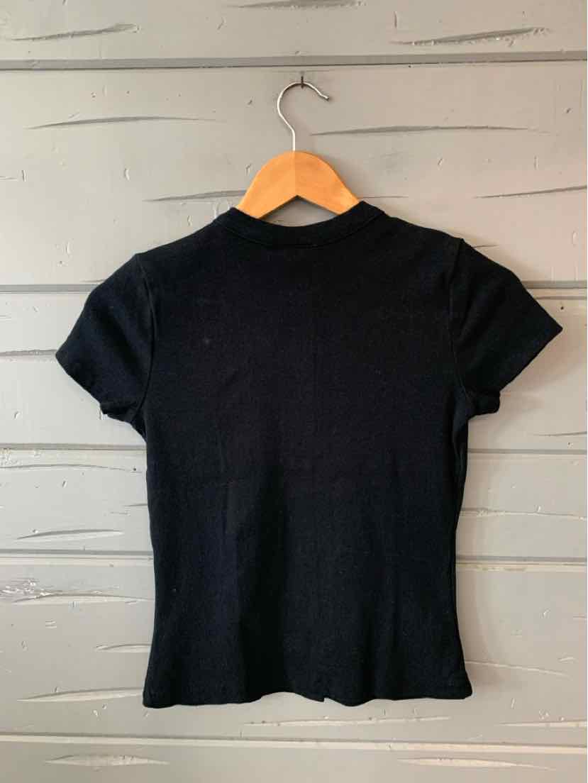 Black short-sleeve fitted ribbed knit top with crew neckline, medium size.