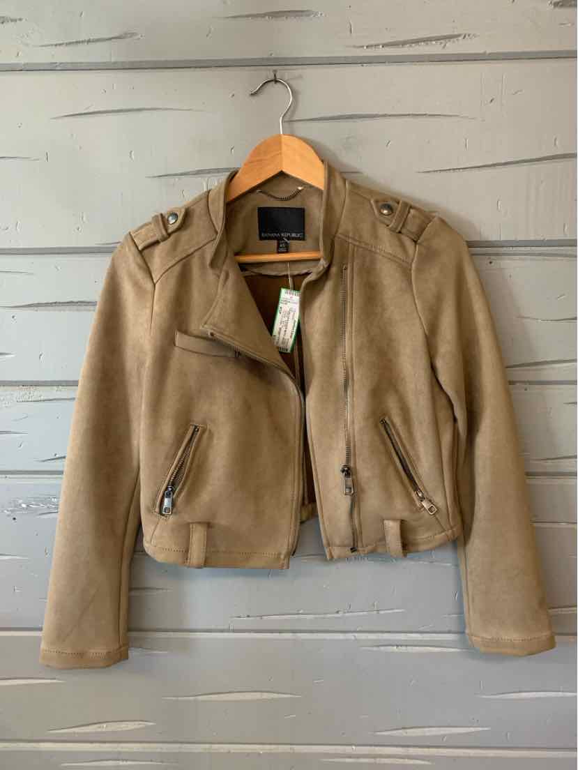 Taupe faux suede cropped jacket with asymmetrical zipper and zippered pockets.