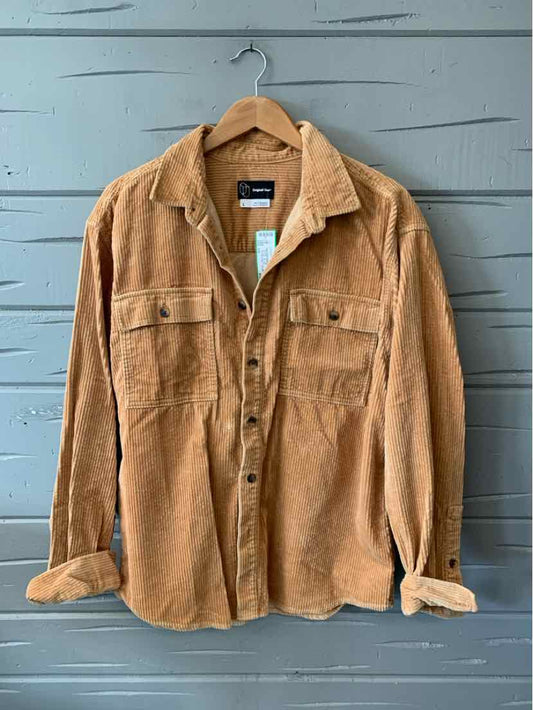 Tan corduroy button-up shirt jacket with two chest pockets and a pointed collar, size large.