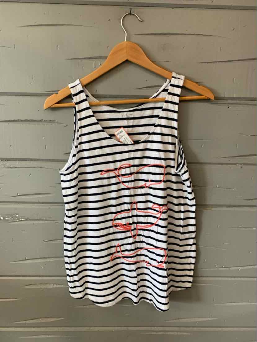 White sleeveless tank top with black horizontal stripes and red cursive text, medium size.