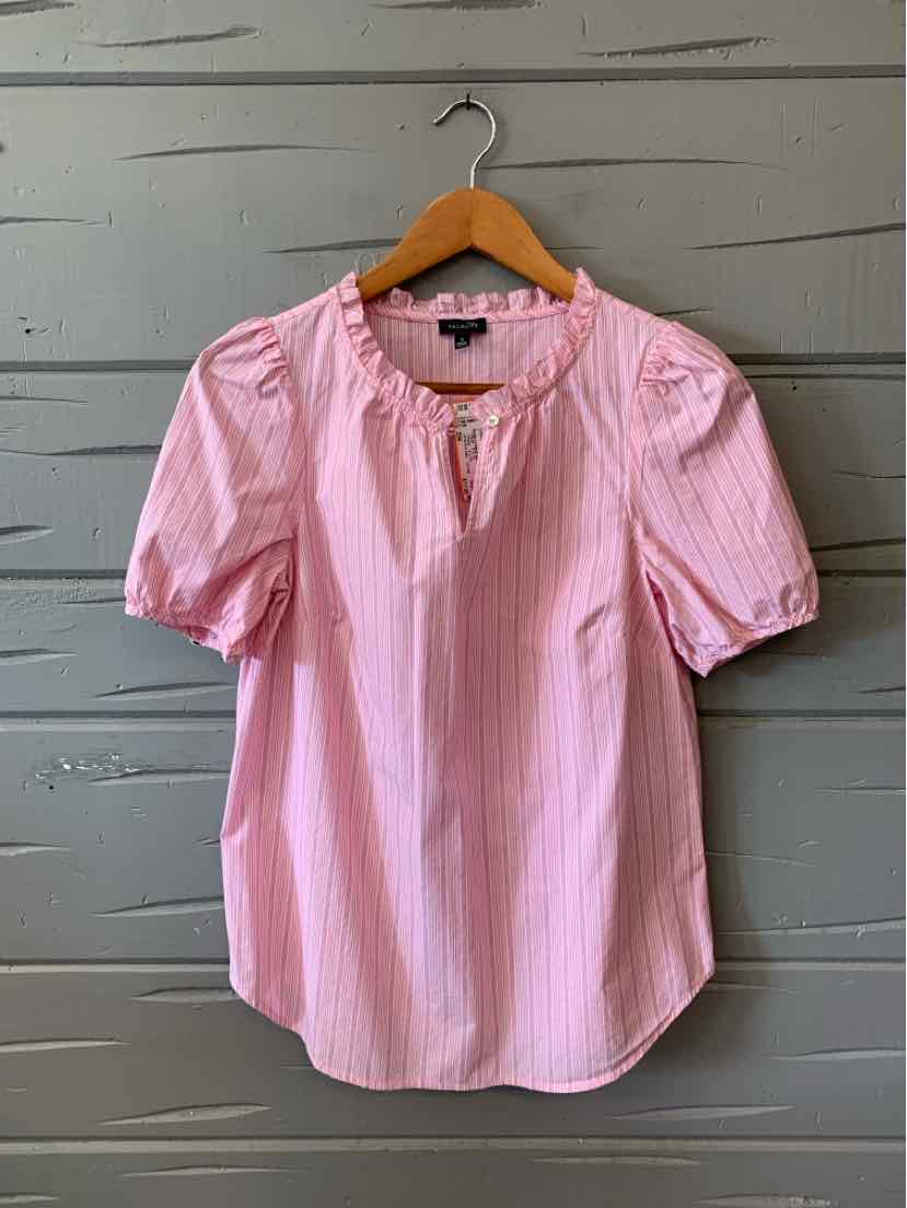 Pink and white vertical striped short sleeve blouse with round neckline and keyhole detail.