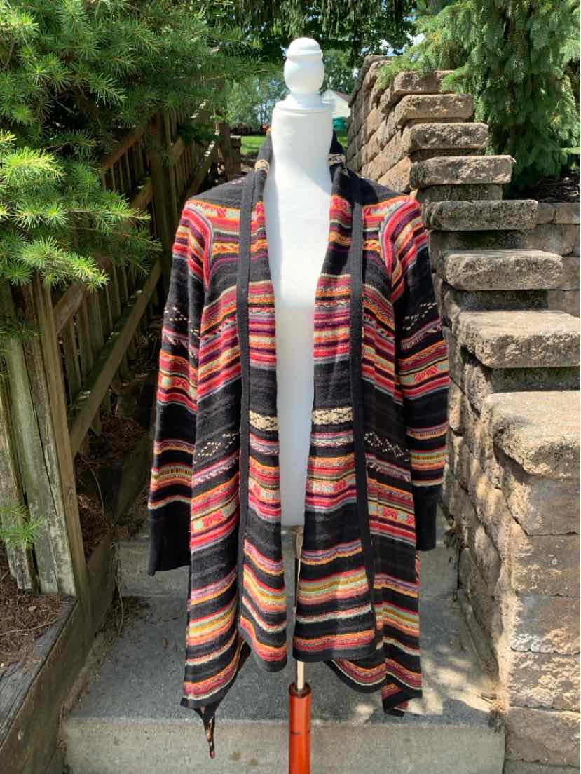Long open-front cardigan with multicolor horizontal stripes in black, red, orange, and beige, made of soft knit fabric,.