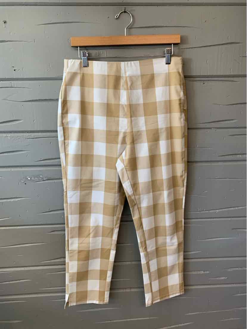 Tan and white gingham-patterned ankle-length pants with a fitted waist and slim legs.