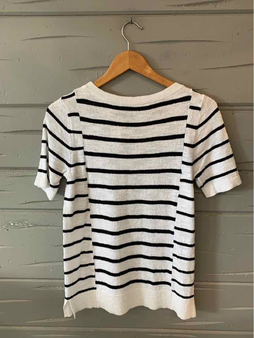 White short-sleeve knit top with black horizontal stripes and ribbed hem and cuffs.