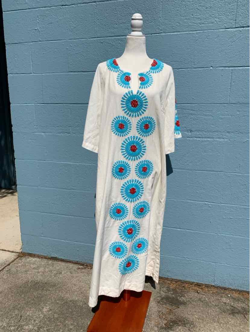 White long dress with blue and turquoise circular embroidery down front and on sleeves, loose fit XL size.