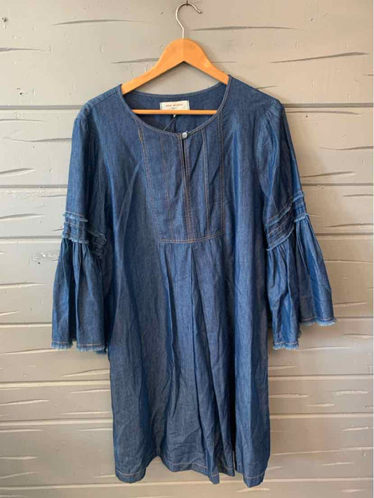 Blue chambray long-sleeve dress with bell sleeves and a round neckline, size XL.