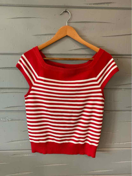 Red and white striped short-sleeve knit top with wide square neckline and fitted hem.