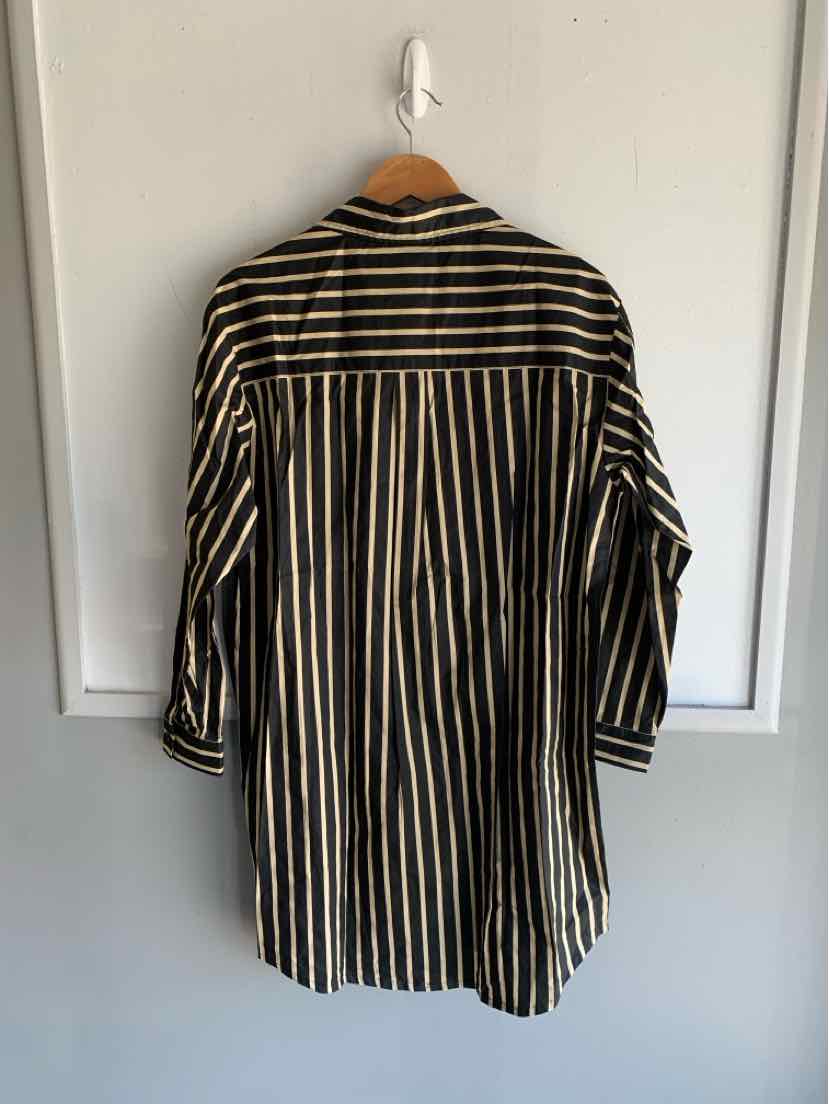 Black and beige vertical striped long-sleeve shirt dress with collar, medium size.