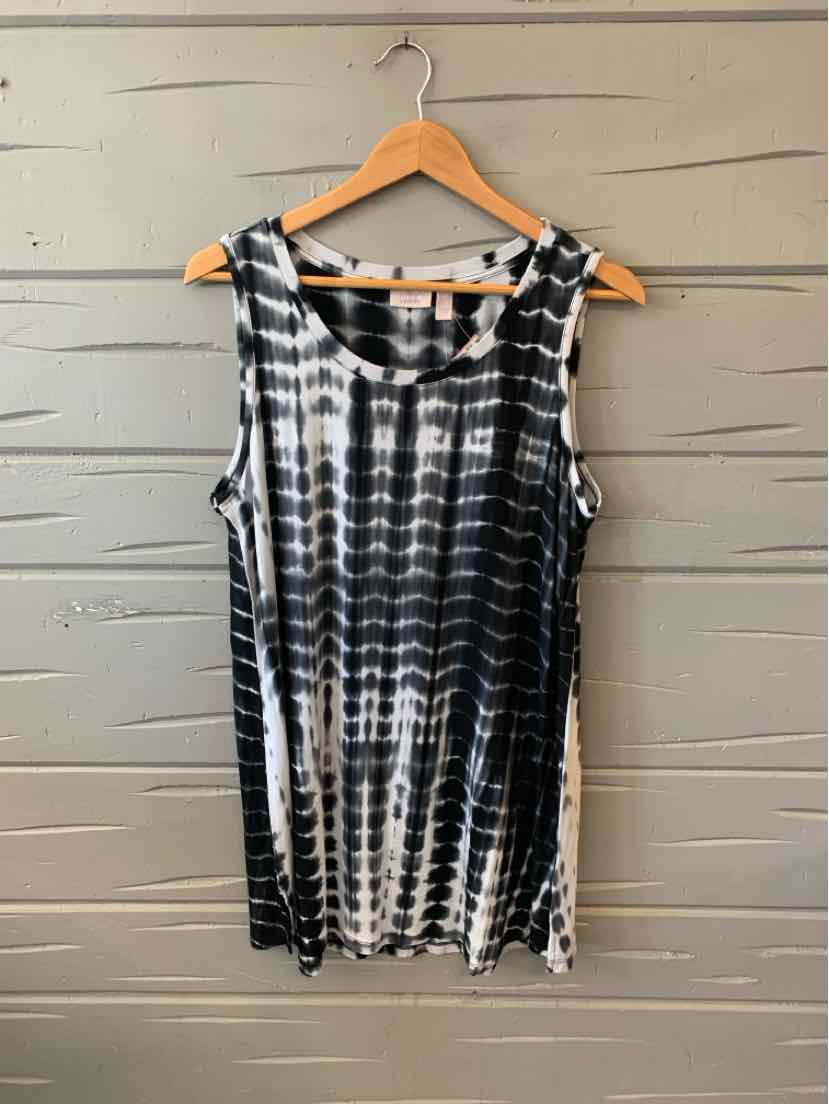 Black and white tie-dyed sleeveless tank top with W logo, medium size, relaxed fit.