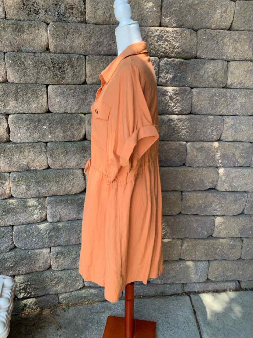 Orange short-sleeve button-up dress with collar and gathered elastic waist, knee-length hem.