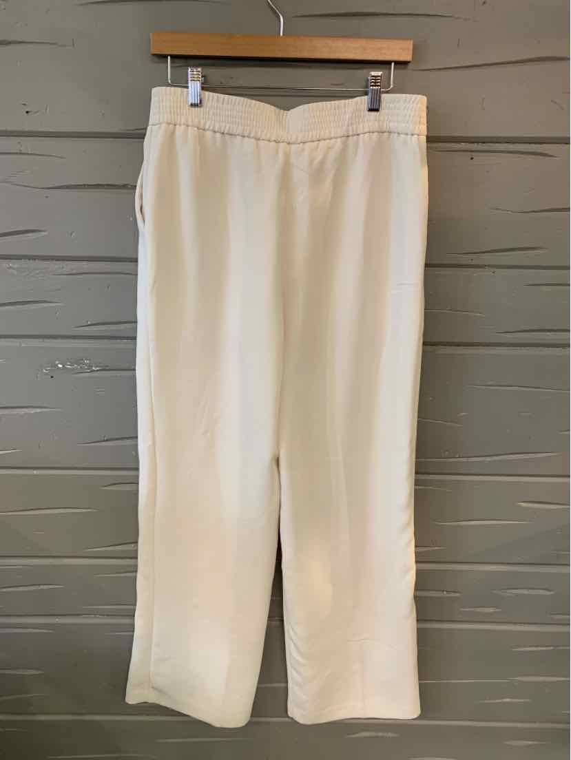 Light beige wide-leg pants with elastic waistband and side pockets hanging on wooden hanger.