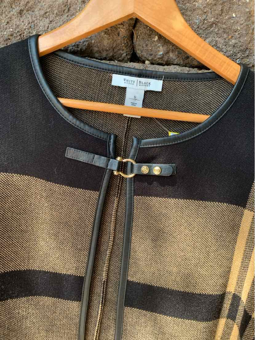 Women’s black and brown plaid jacket with leather trim and buckle detail at collar, size small.