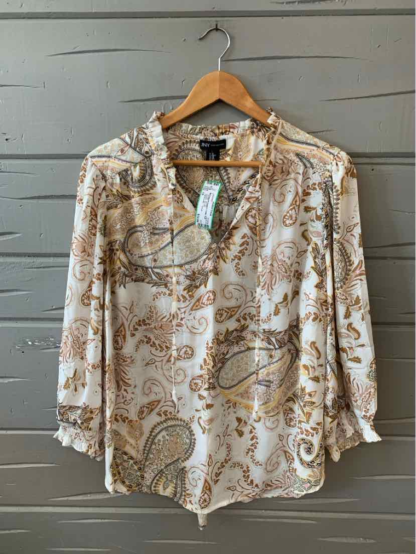 Long-sleeve button-up blouse in cream with brown paisley and script pattern, size 1X.