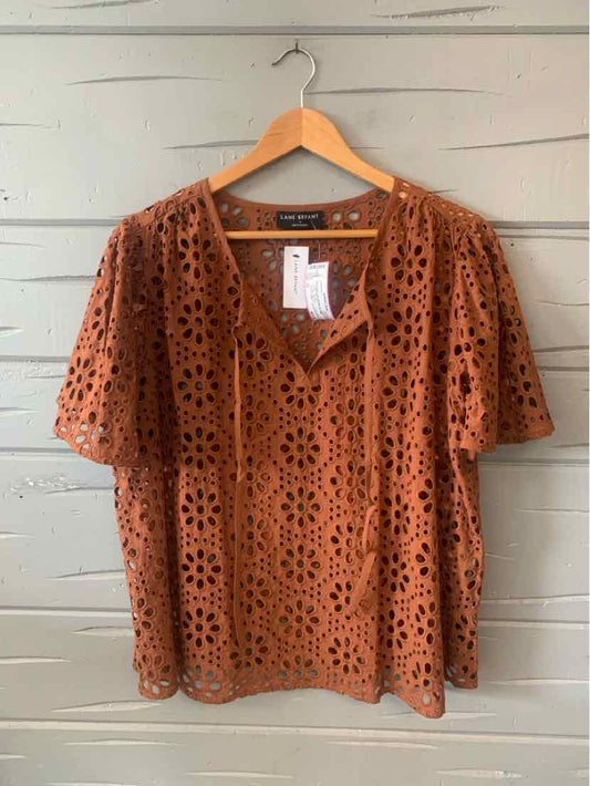 Tan eyelet lace short-sleeve blouse with floral cutout pattern and V-neck, size 16.