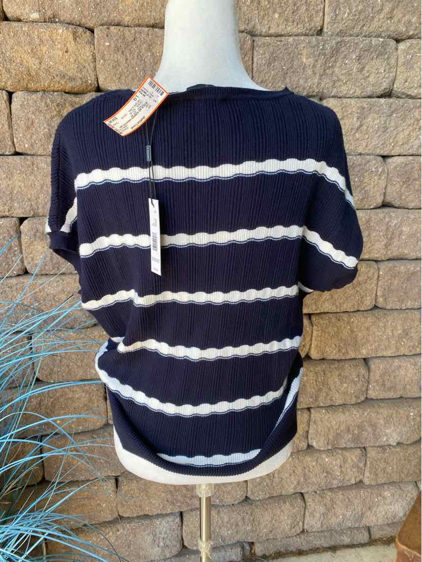 Navy blue short-sleeve sweater with white horizontal ribbed stripes and a round neckline.