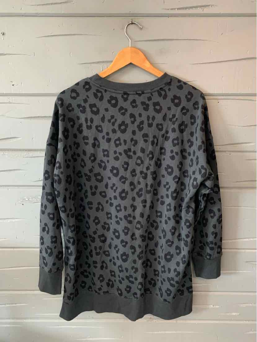Dark gray long-sleeve sweater with black leopard print pattern and ribbed cuffs and hem.
