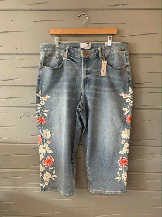 Light blue denim jeans with floral embroidery along front legs, mid-rise, cropped length, size 16.