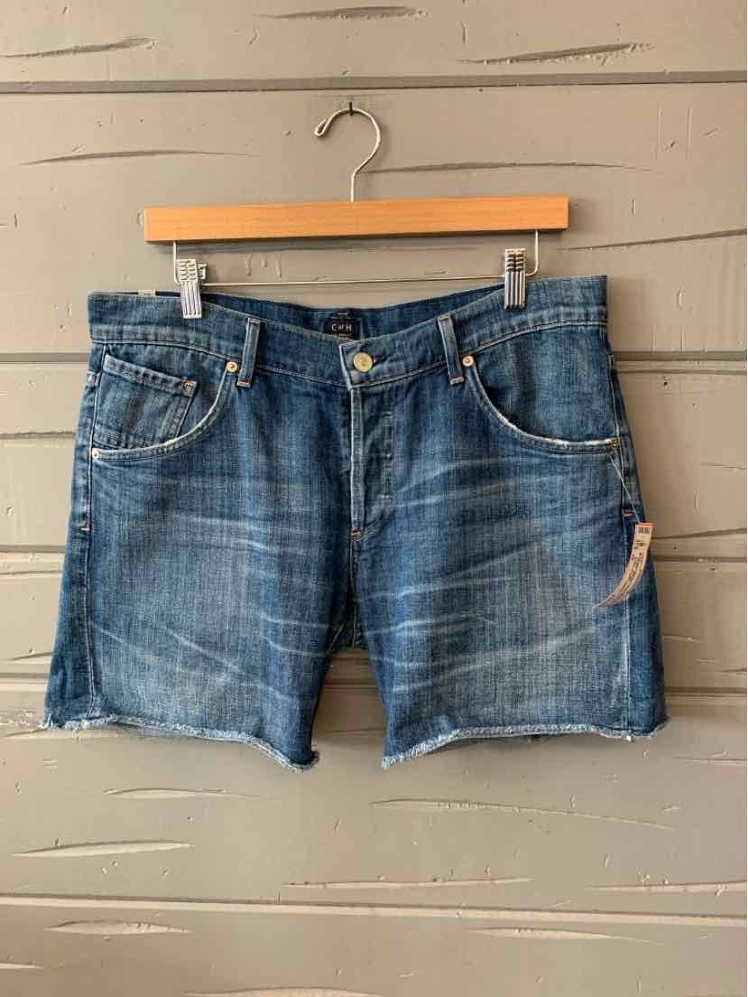 Blue denim shorts with a classic five-pocket design and subtle fading, size 29.