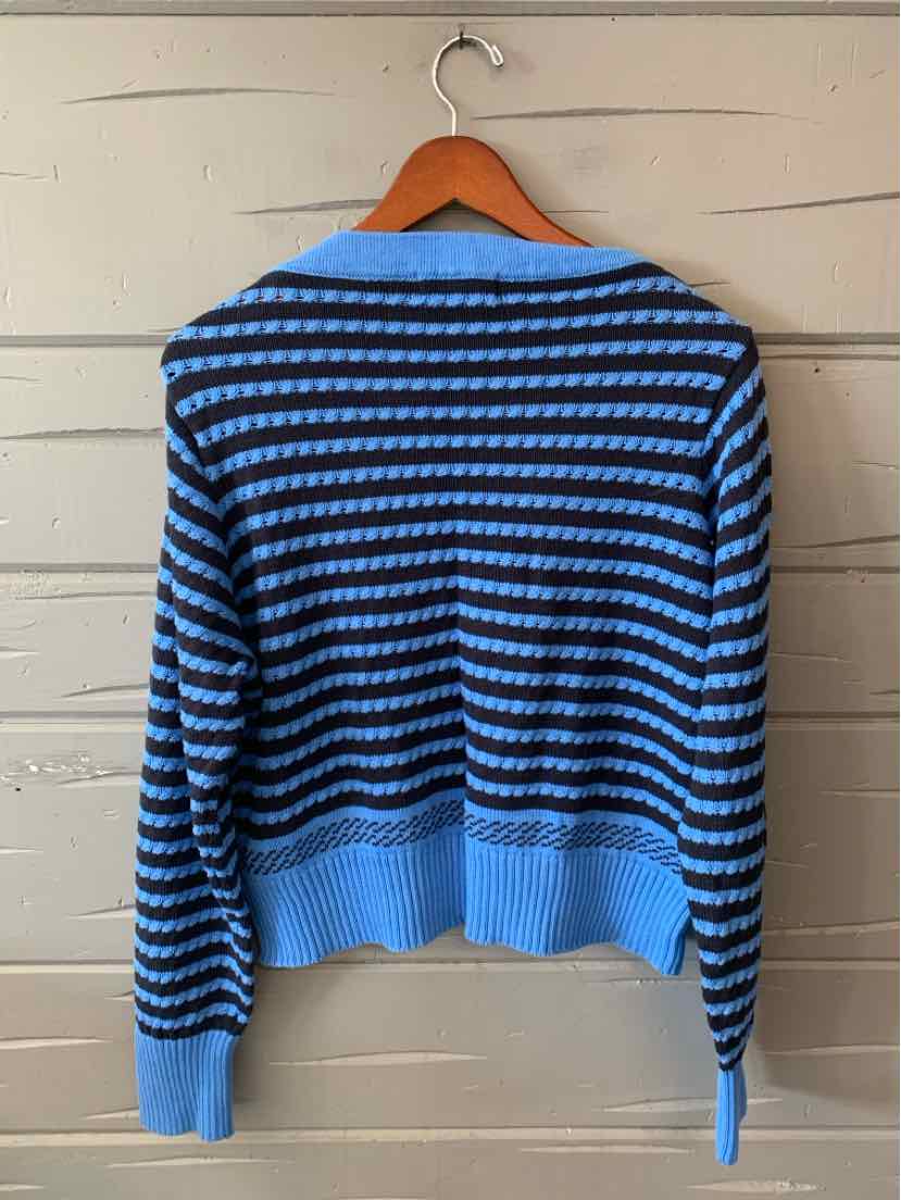 Blue and black striped knit sweater with a cropped, ribbed hem and long sleeves, hanging on a wooden hanger.