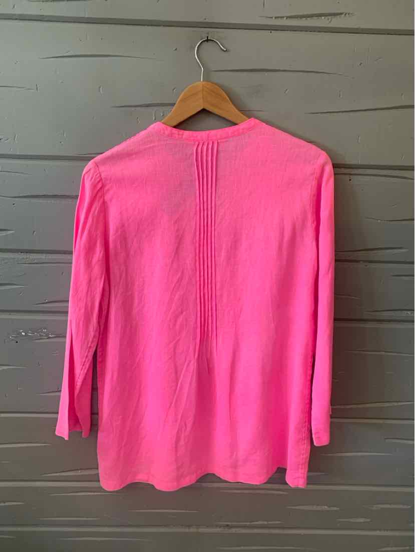 Bright pink long-sleeve lightweight sweater with ribbed detailing on back and small size tag.
