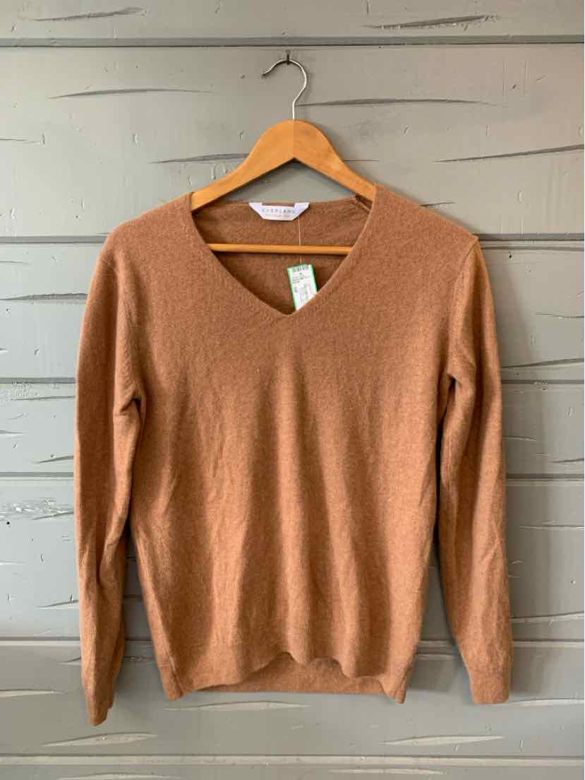 Tan V-neck long-sleeve sweater with soft knit fabric, slim fit, size small.
