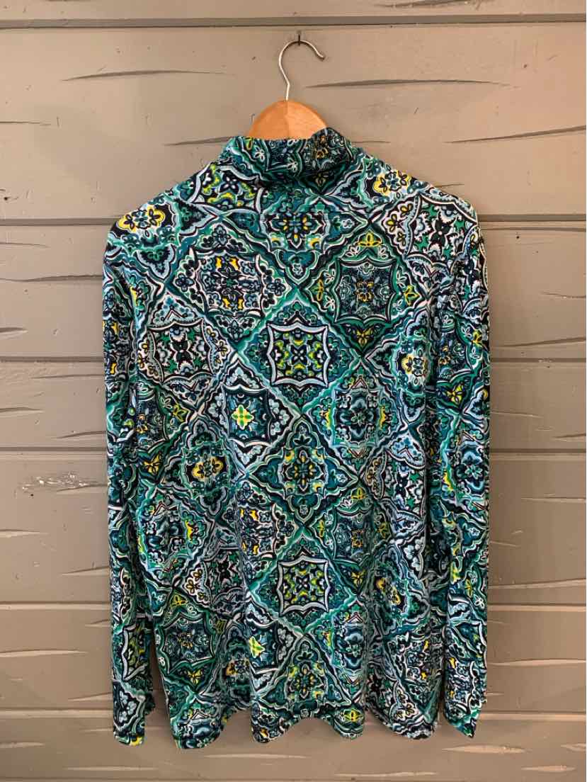 Long-sleeve turtleneck blouse with blue and green floral geometric print, lightweight fabric, size XL.