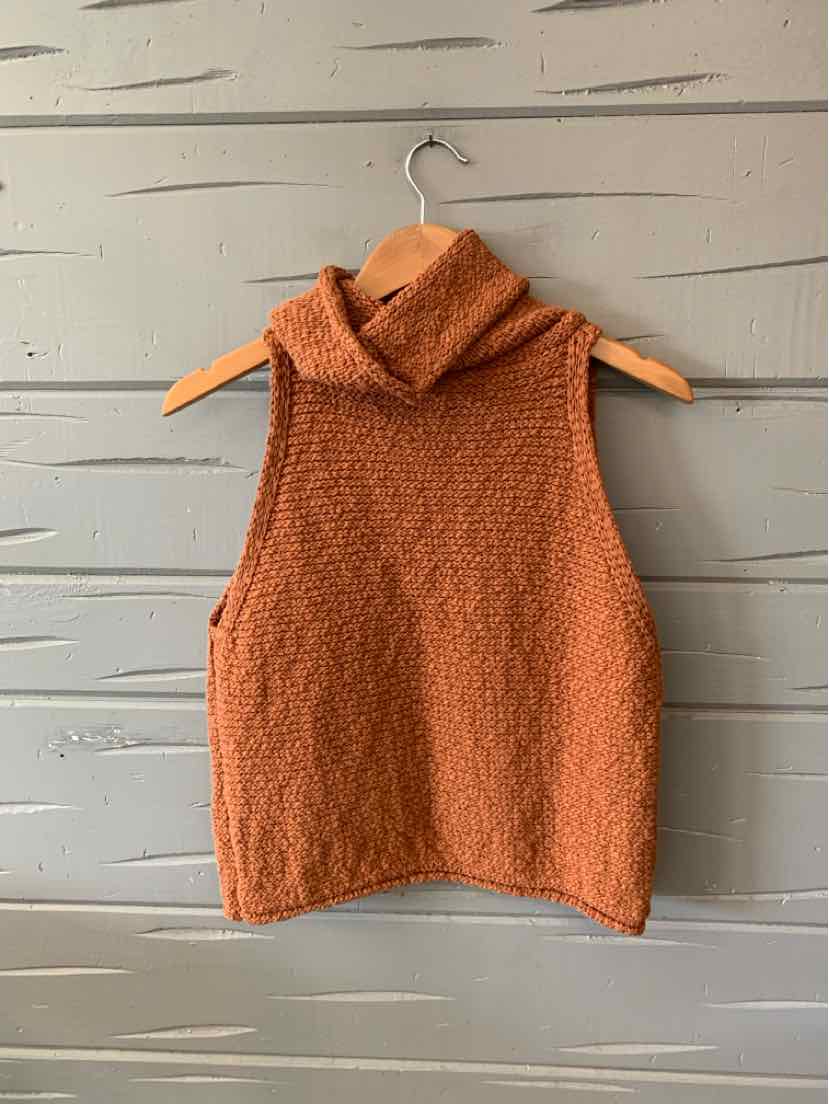Tan sleeveless knit turtleneck sweater with textured fabric in large size.
