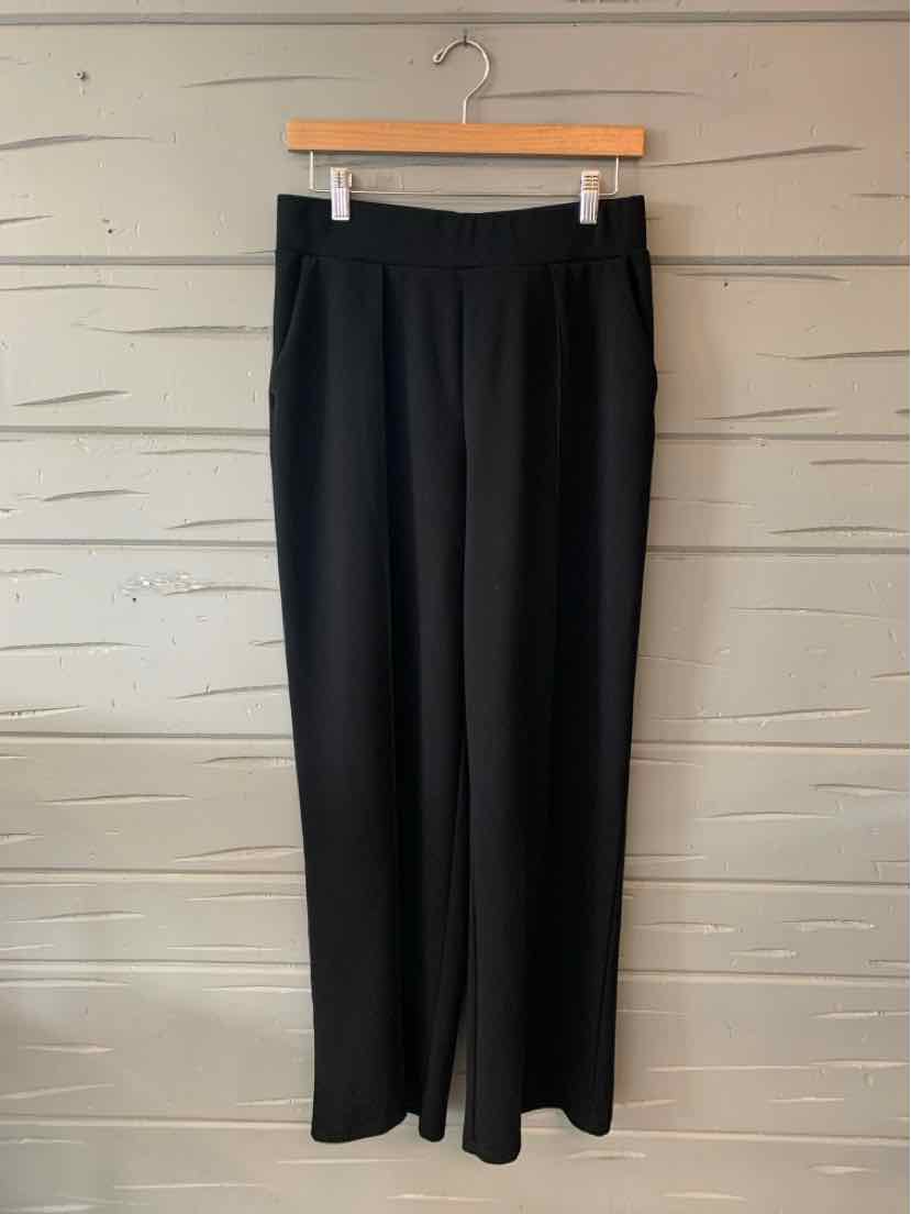 Black high-waist wide-leg trousers with a smooth front and elastic waistband.