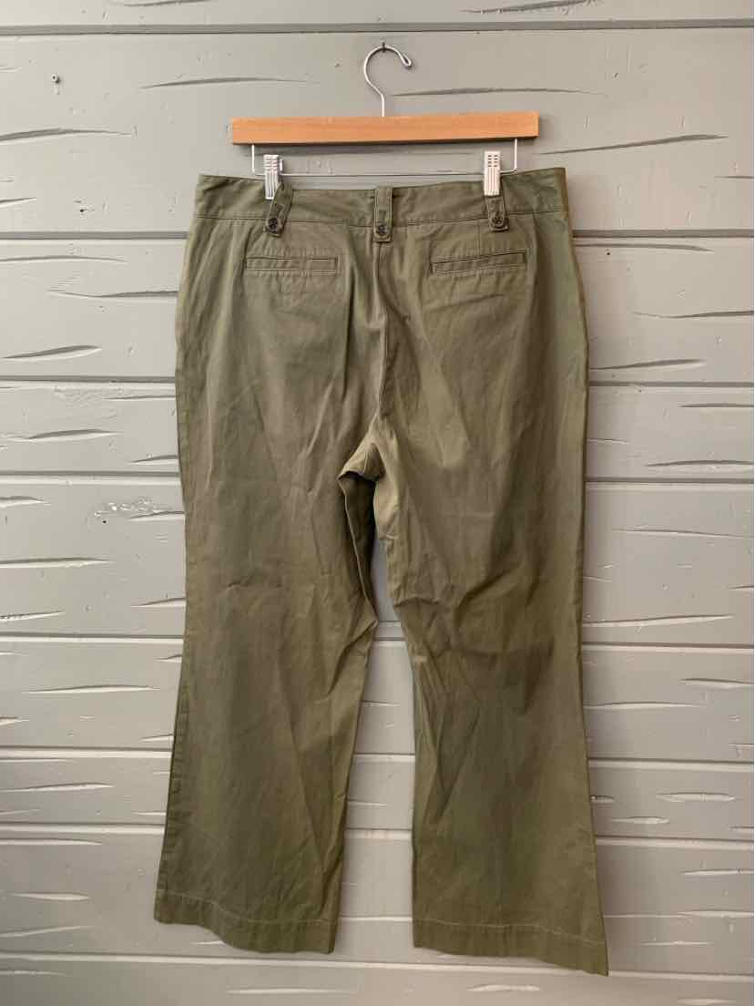 Olive green straight-leg pants with belt loops and back welt pockets, size 12.
