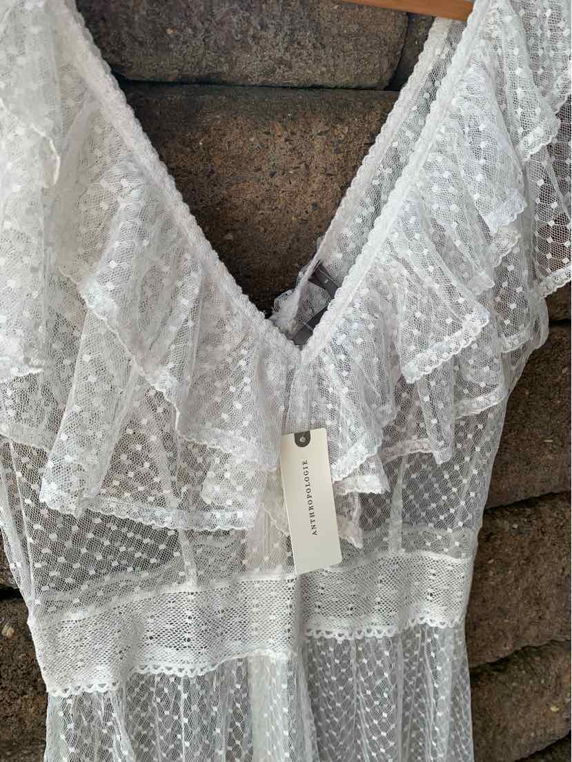 White sheer dress with textured polka dots, ruffled V-neckline, and fitted waist in size small.