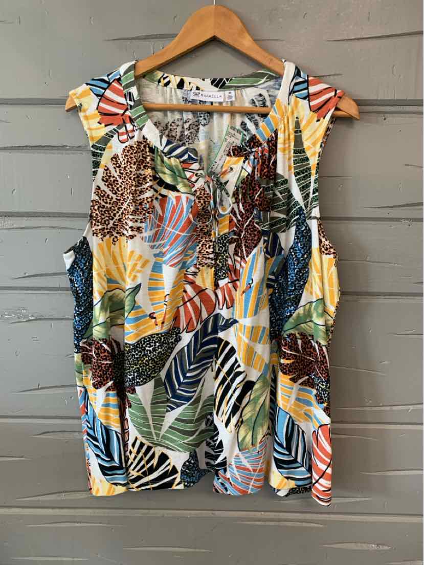 Sleeveless tropical print blouse with multicolor leaves and tie-front detail, size 2X.