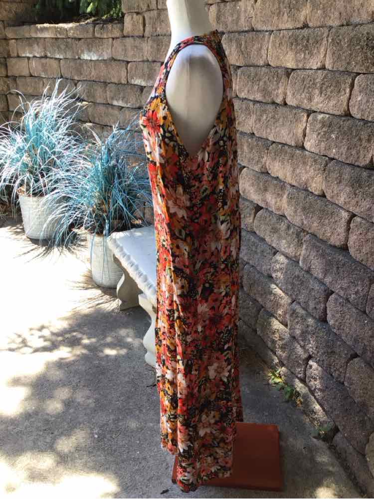 Sleeveless floral dress in warm orange, red, and green tones, loose fit L/XL size.