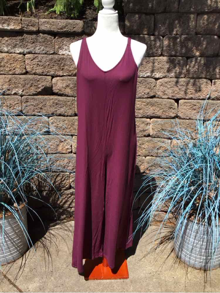 Sleeveless burgundy wide-leg jumpsuit with scoop neckline on mannequin outdoors.