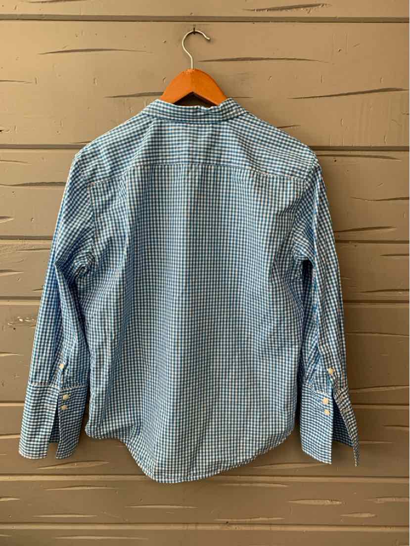 Light blue and white gingham button-up shirt with long sleeves and buttoned cuffs, size 8.