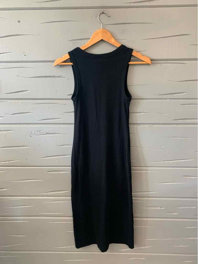 Black sleeveless midi dress with crew neckline and straight silhouette, size XS.