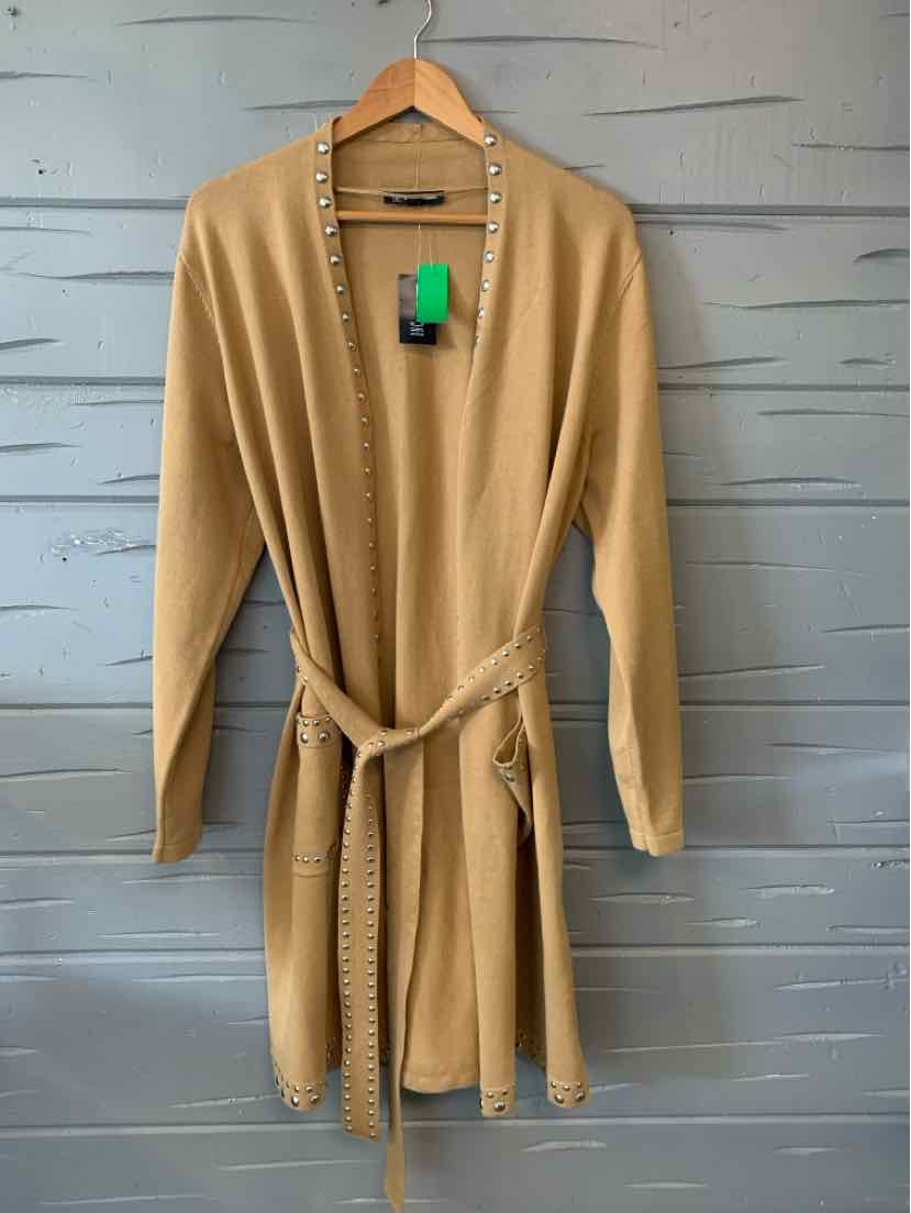 Tan knit cardigan with long sleeves, open front, and matching belt tied at waist, size XL.